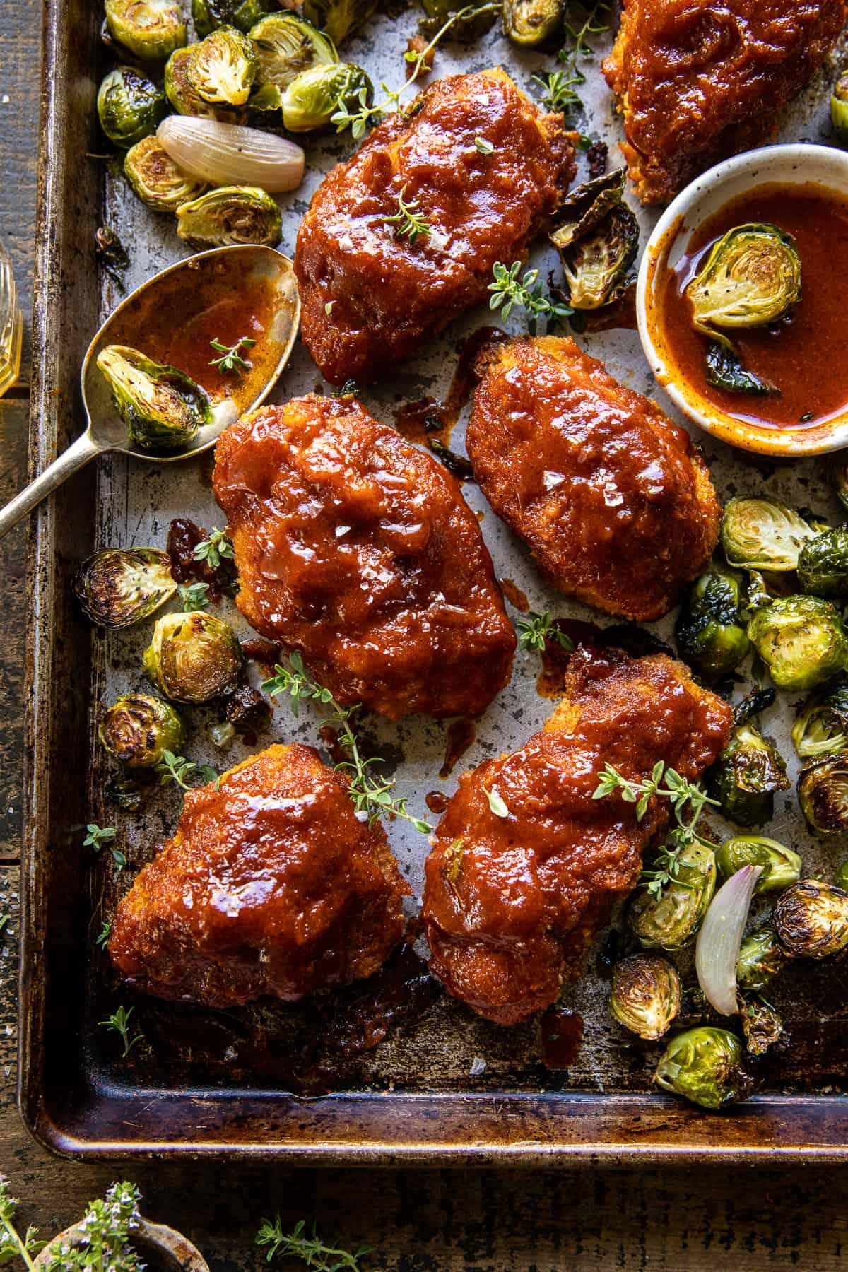 Sheet Pan Hot Honey Mustard Chicken and Crispy Brussels Sprouts.
